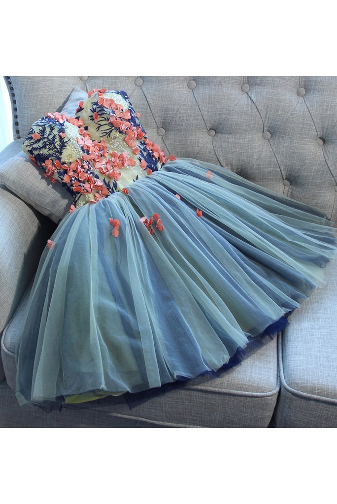 Unique Sweetheart Tulle Mini Homecoming Dress With Flowers,a Line Short Prom Gown