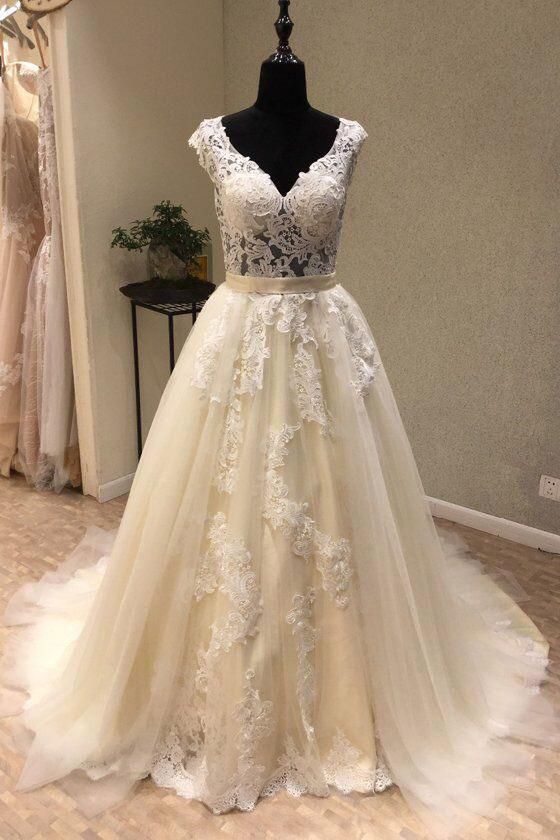 White V Neck Tulle Lace Long Prom Dress, White Tulle Wedding Dress,bridal Dress