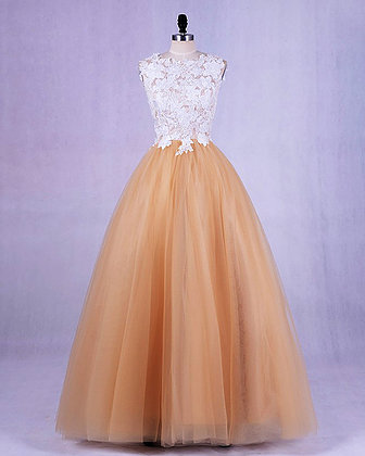 Champagne Tulle O Neck Long Open Back Party Dress, Long Lace Sweet 16 Prom Dress