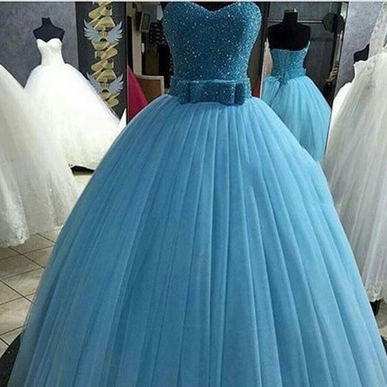 Beading Bridal Ball Gown,sweetheart Prom Dress With Bow Blue Party Dress