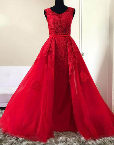 Red Tulle O Neck Long Lace A-line Halter Senior Prom Dress, Red Evening Dress