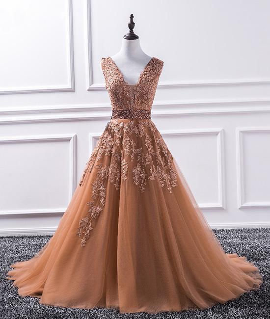 Luxurious A-Line V-Neck Champagne Tulle Lace Court Train Long Prom Dress with Beading Custom Made