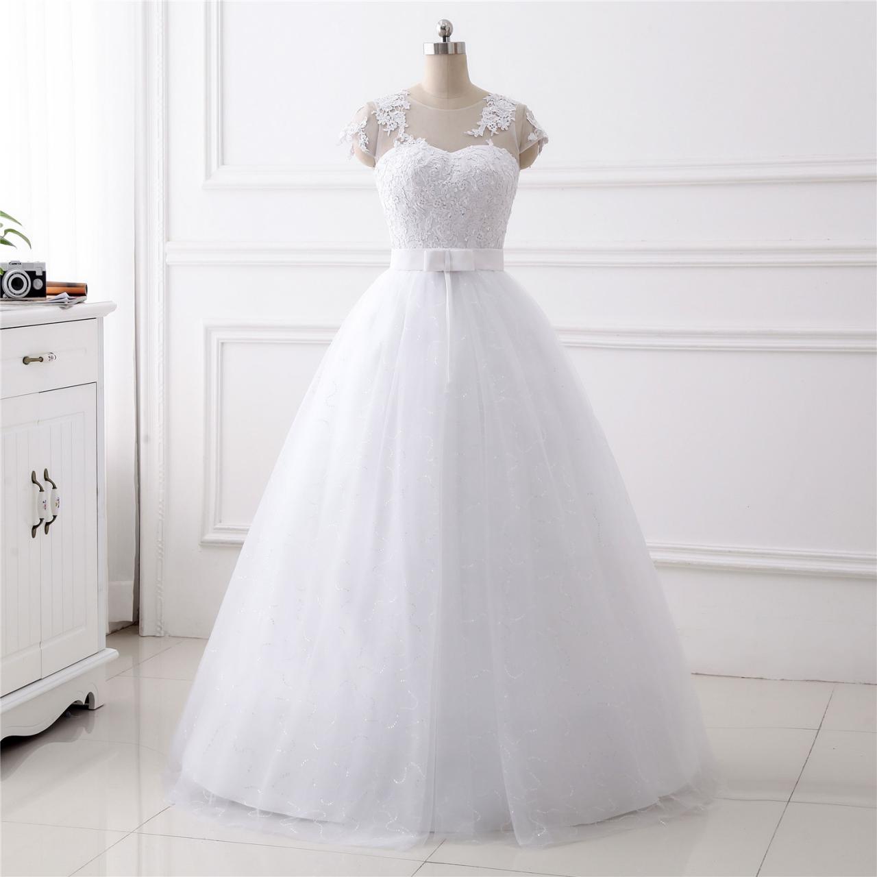 A-line 3d Flower Applique Wedding Dress ,scoop Neck Wedding Dress With Belt , Luxury Beading Cap Sleeves Wedding Dress,floor Length Bridal Dress