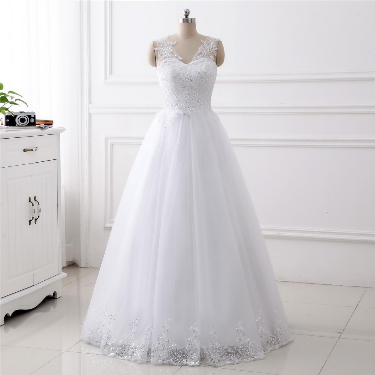 A-line Lace Applique Wedding Dress ,sexy V Neck Wedding Dress , Luxury Beading Sleeveless Wedding Dress, Floor Length Bridal Dress