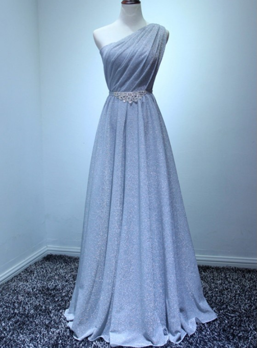 Sparkly Long Silver Formal Prom Dress ,one Shoulder Light Bule Evenging Dresses