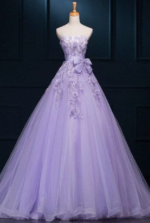 Ball Gown Floor-length Luxury Appliques Wedding Dresses, Purple Tulle A-line Prom Dresses