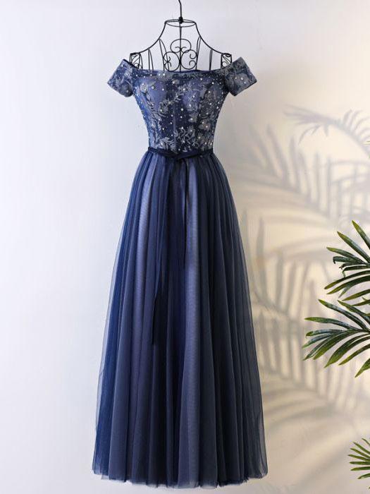 Chic A-line Prom Dress ,off-the-shoulder, Tulle Dark Navy, Applique Evening Dress