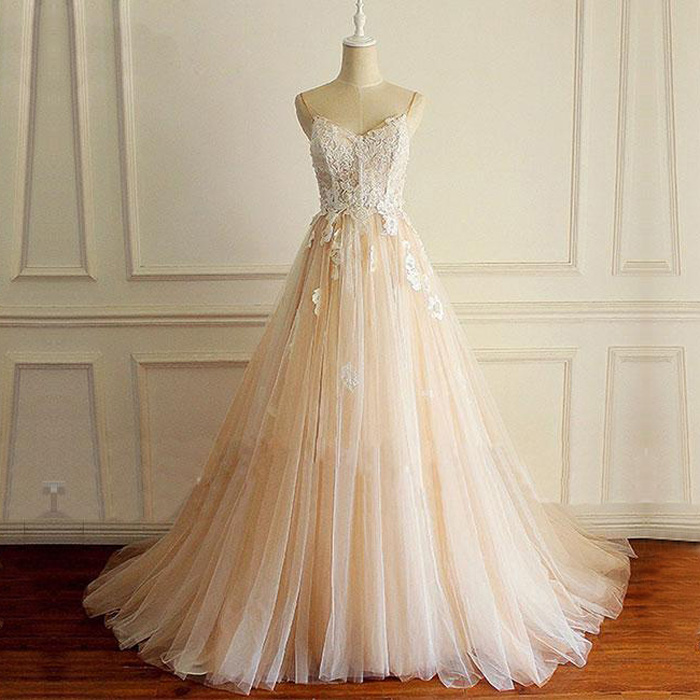 Romantic A Line, Spaghetti Straps ,lace Tulle ,champagne Prom/wedding Dress