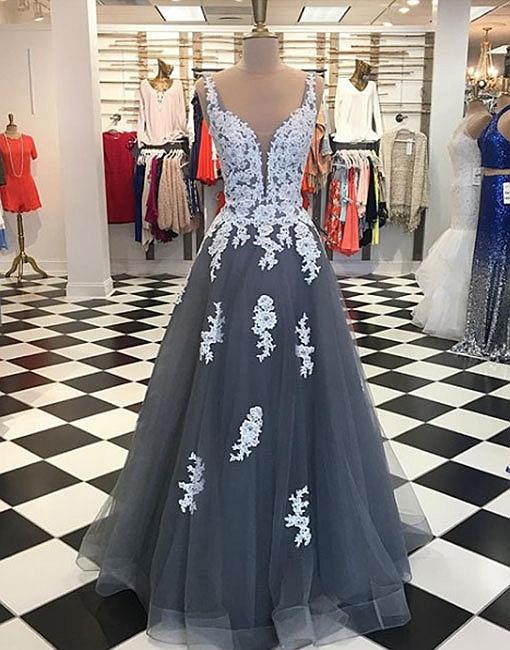 Gray Tulle Lace, Long Prom Dress, Lace Evening Dress,princess A-line ,v-neck Tulle,floor-length Prom/evening Dress With Appliques