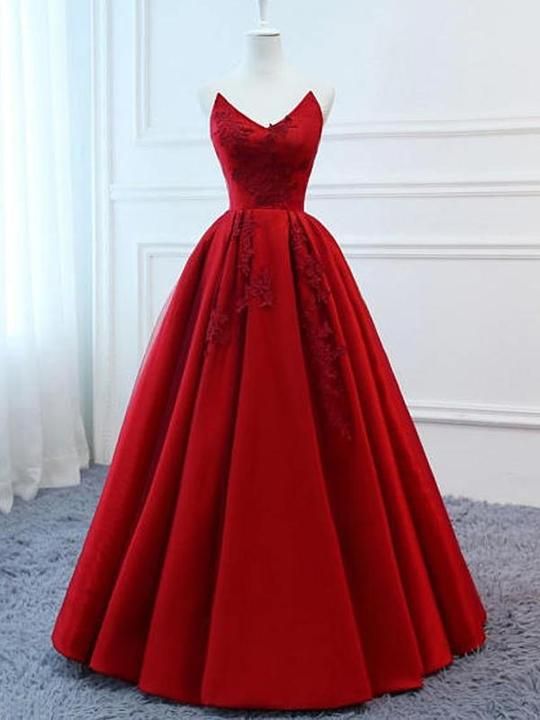 Red V Neck Eveing Dress , A-line Party Dress, Custom Long Evening ,floor Length Prom Dresses