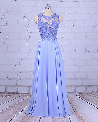 Blue Chiffon, Open Back,long Sweet 16 Prom Dress, Blue Beaded Evening Dresses