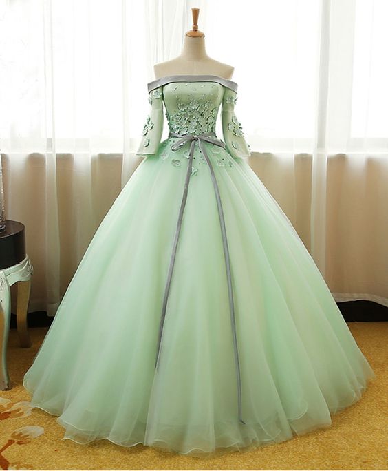 Mint Tulle ,off Shoulder, Mid Sleeves, Long Evening Dress With Silver Gray Sash