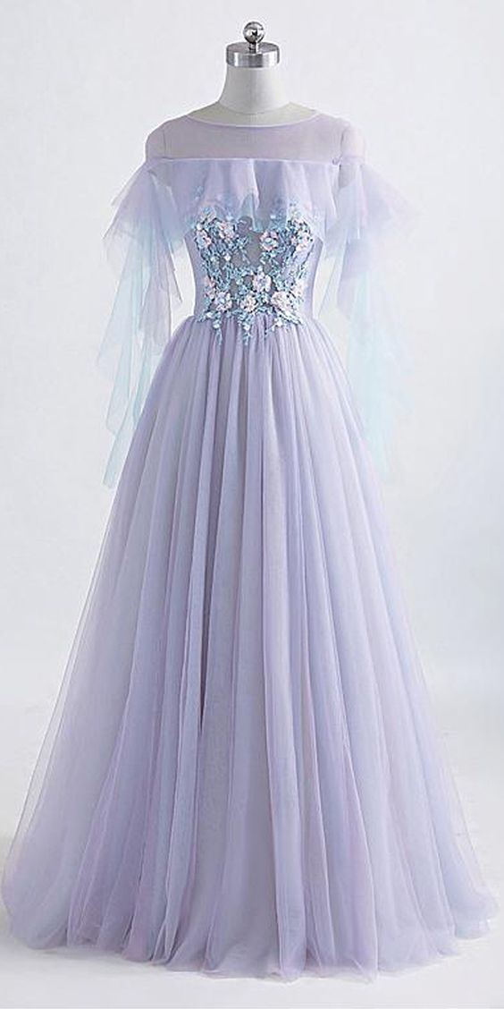Modest Tulle ,jewel Neckline, Floor-length ,a-line Prom Dress With Beaded Lace Appliques