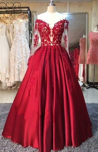 Long-Sleeves ,Off-the-Shoulder, Red Lace-Appliques ,Puffy Prom Dresses