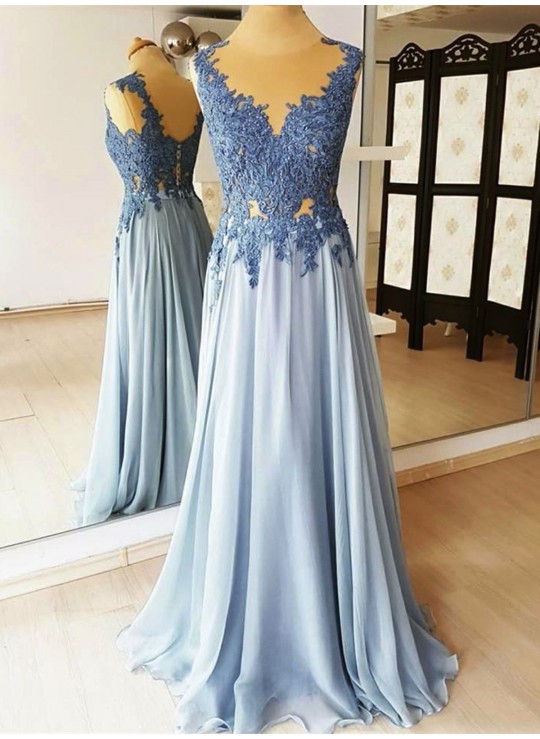 Unique, Ball Gowns Blue, Evening Dress Open Back, Party Dress Light Blue Prom Dress Appliques Evening Dress V-neck Prom Dress
