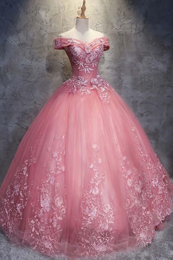 Off Shoulder Ball Gown Off-the-shoulder Evening Dress Tulle Wedding Dress With Appliques