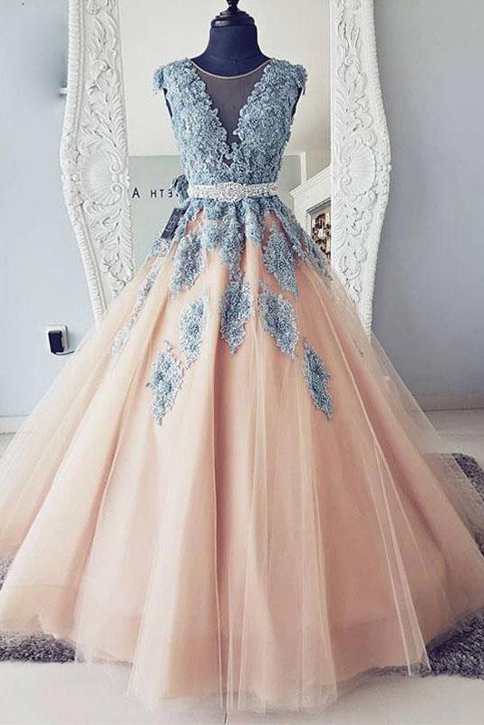 V-neck Blue Lace Party Dress Ball Gown Long Tulle Evening Dresses Sleeveless Prom Dress