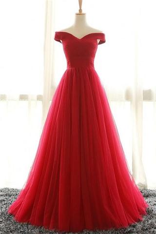 Off Shoulder Long A-line Simple Red High Low Prom Dress