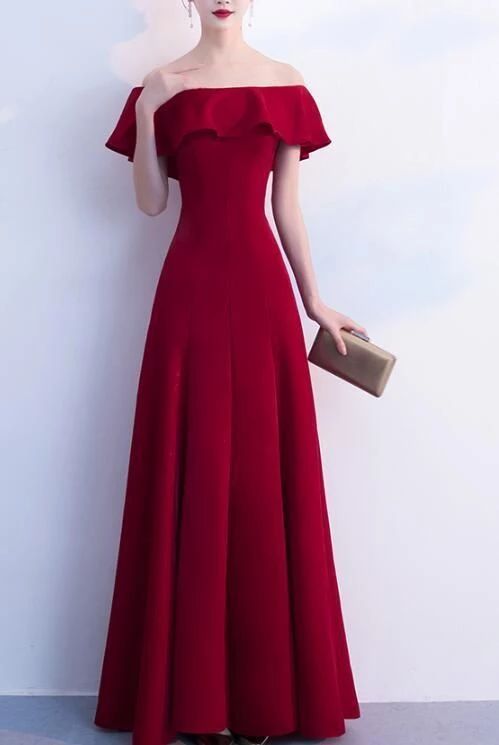 Wine Red Prom Dresses,off Shoulder Floor Length Party Dresses, Cute Formal Dresses