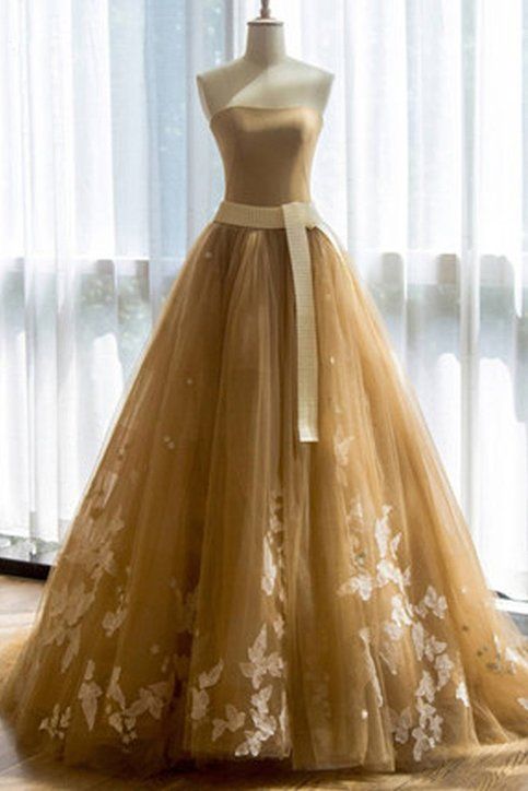 Yellow party dress strapless evening dress tulle applique prom dress with sash off shoulder formal dress
