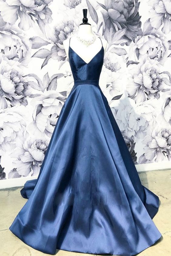 Simple V Neck Party Dress Dark Blue Long Prom Dress, Blue Evening Dress,spaghetti Party Dress