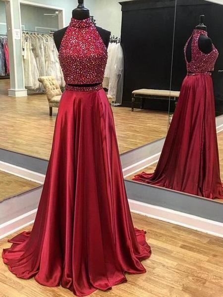 Two Piece Evening Dress Red Party Dress Satin Prom Dress