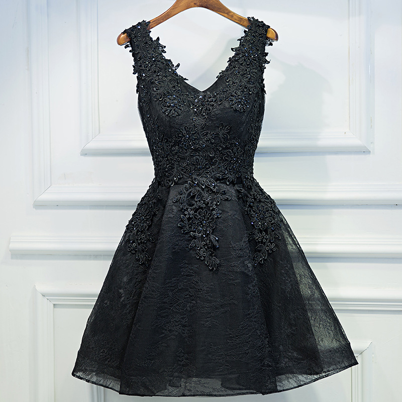 V-neck Party Dress Black Evening Dress Short Mini Homecoming Dress