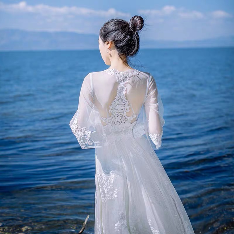 White Prom Dress Half Sleeve Party Dress V-neck Wedding Dress Slim Beach Dress Vintage Dress Lace Tulle Chiffon Dress