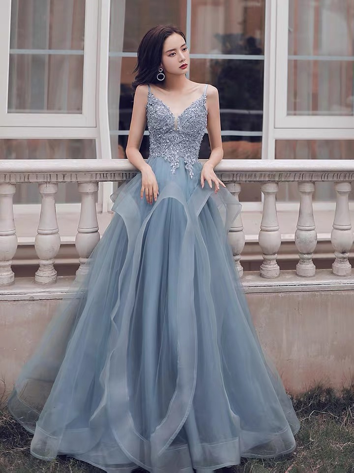 Light Blue Evening Dress Sexy Condole Belt Birthday Party Dress V-neck Prom Dress Lace Tulle Evening Dress Backless Formal Dress