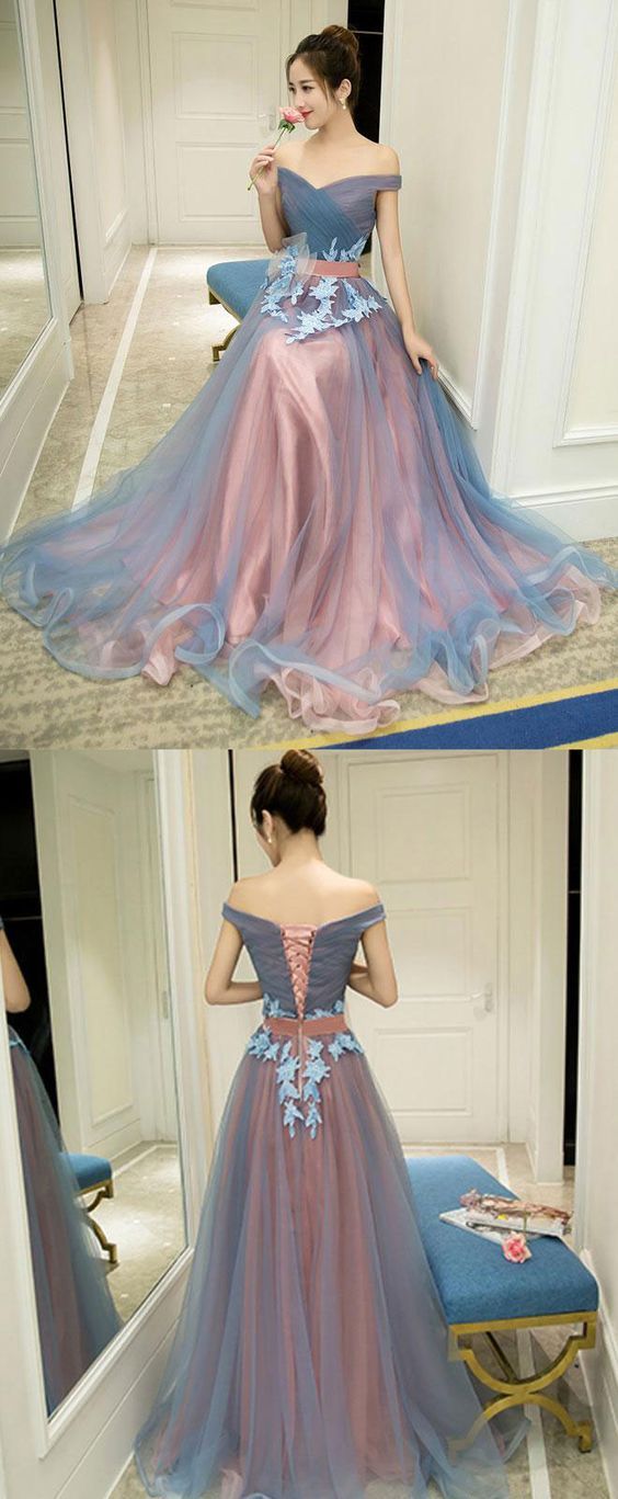 Gray Blue Tulle Prom Dress Off Shoulder Party Dress Long Prom Dress, Gray Blue Evening Dress Lace Tulle Evening Dress
