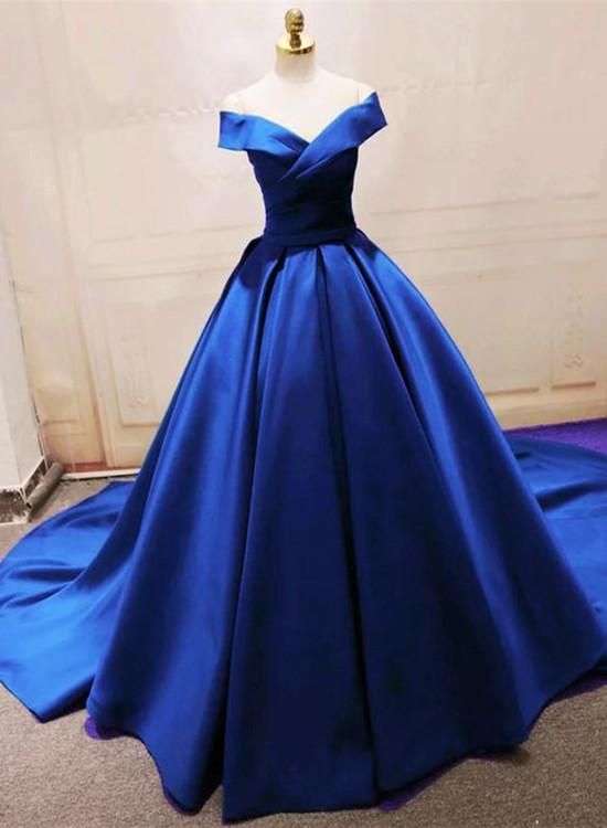blue party dress off shoulder evening dress v neck prom dress satin long formal dress