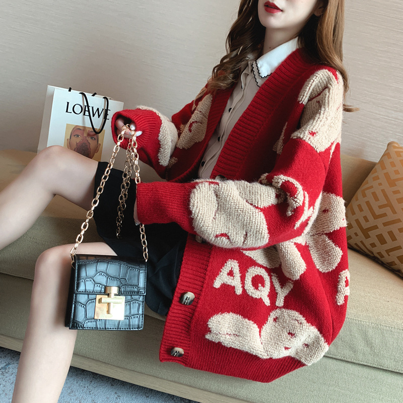 Cartoon Sweater Coat Autumn Winter Edition Languid Wind Loose-fitting Thick-knit Cardigan