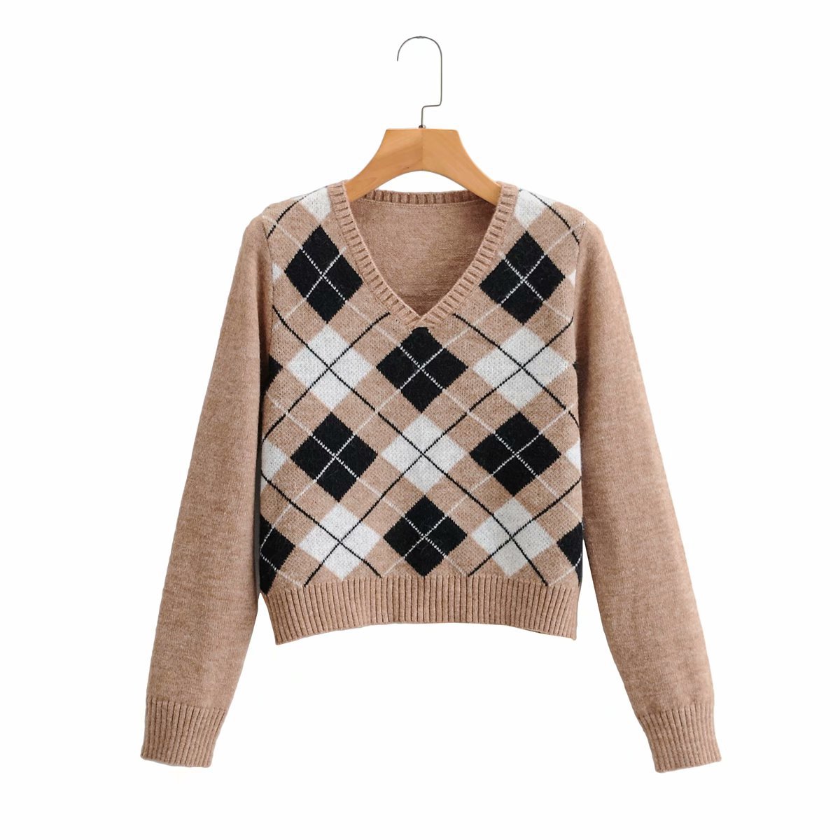 V-neck Pull-over Top For Autumn Contrast Diamond Plaid Jersey