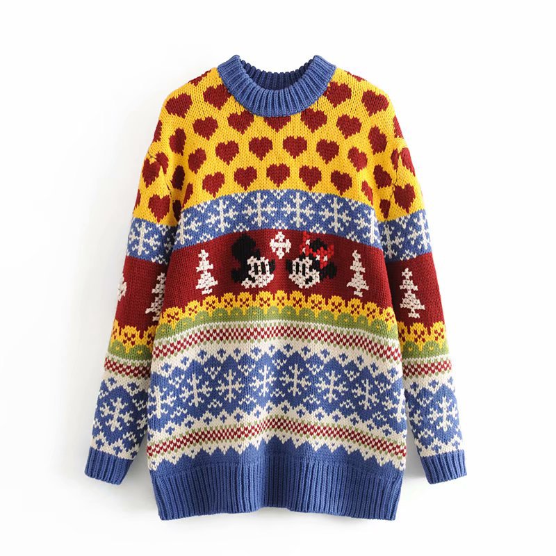 Slouchy, Loose-fitting Pull-up Christmas Cartoon Sweater And Knit Sweater