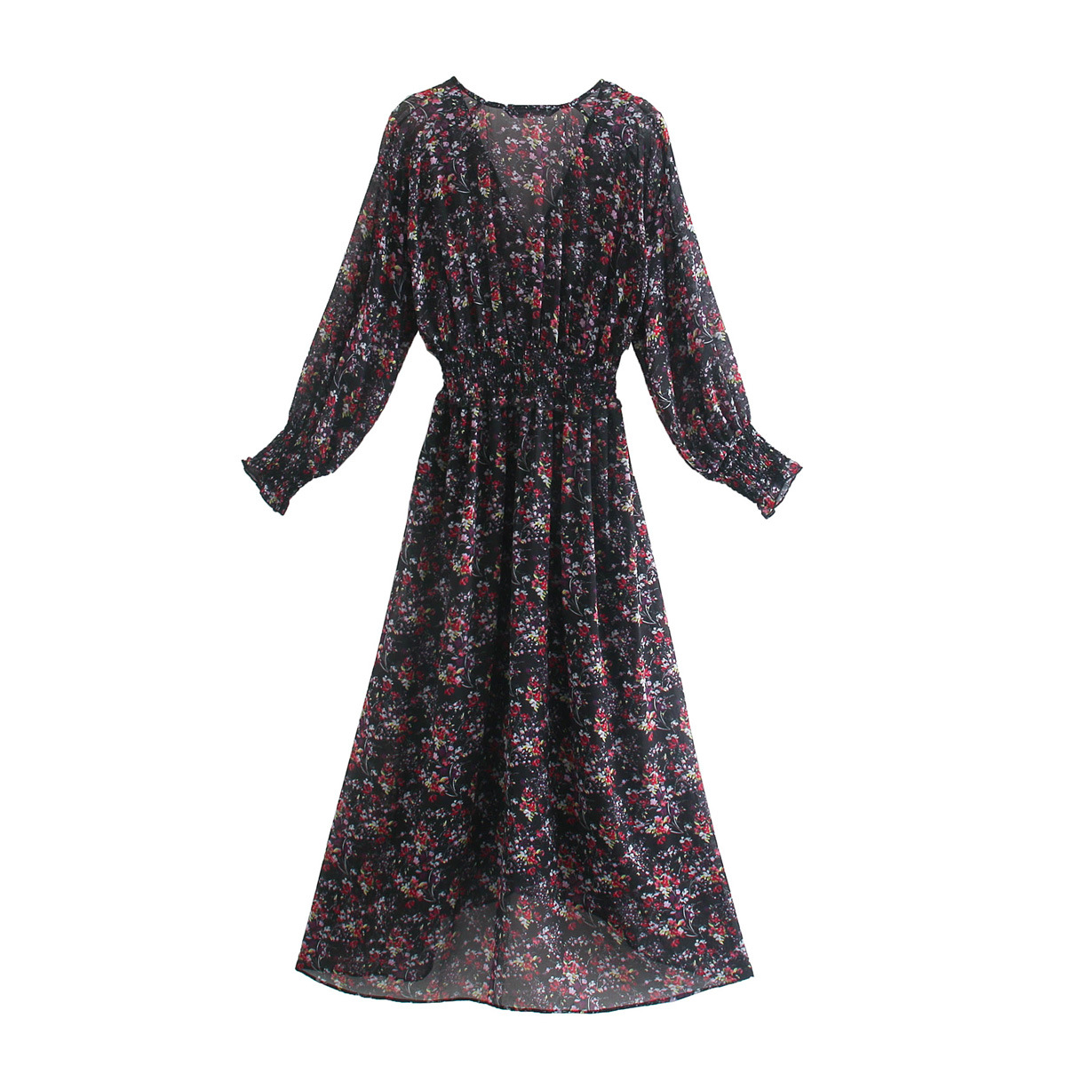 Autumn Print Long Dress With V-neck And Long Sleeves