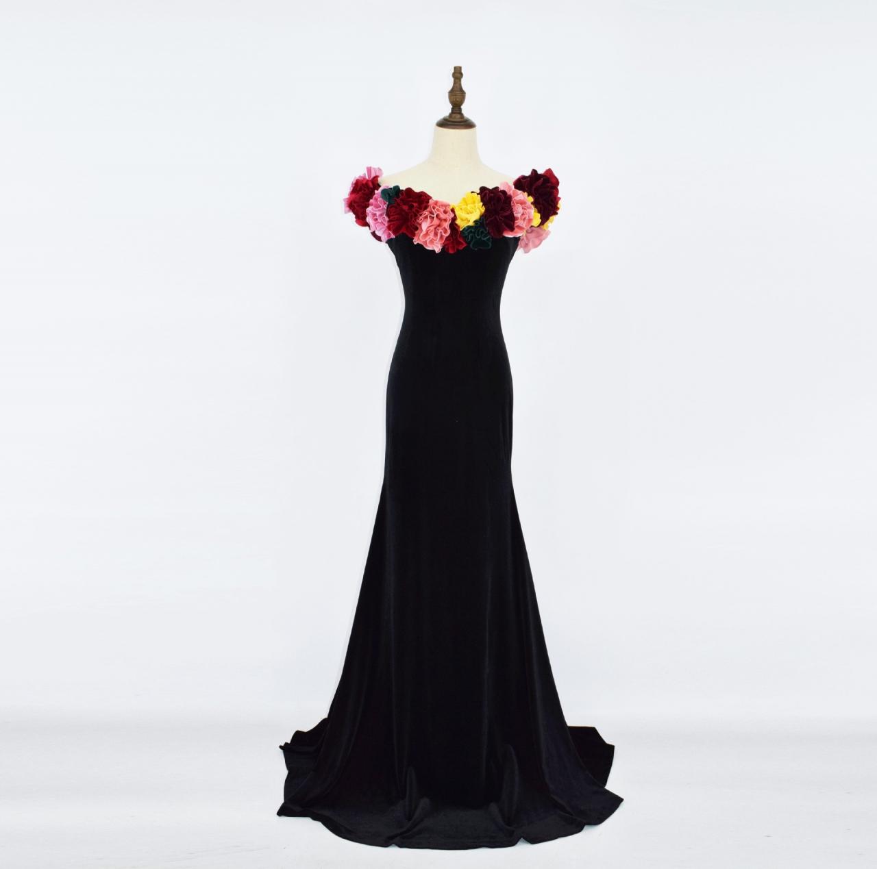 Black Party Dress ,off Shoulder Prom Dress ,velvet Evening Dress With Applique ,custom Made