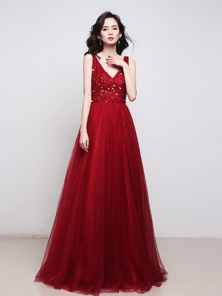 V-neck Prom Dress,red Party Dress.charming Prom Dress,custom Made