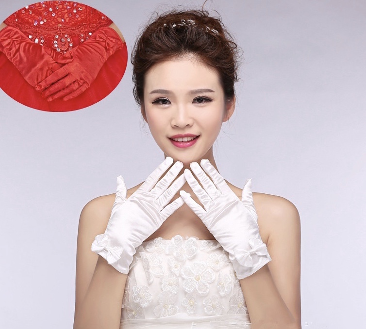 Bridal Gloves Wholesale, Fingers Short, White/red Satin Wedding Gloves