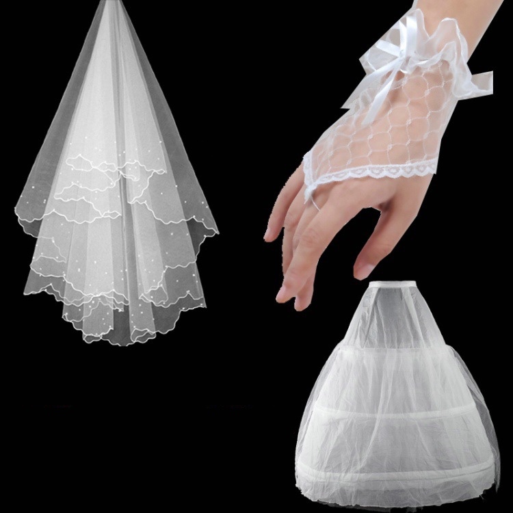 Manufacturers Direct , Bridal White Wedding Accessories, Gloves/ Head Veil/ Skirt Support Wedding Three-piece Set