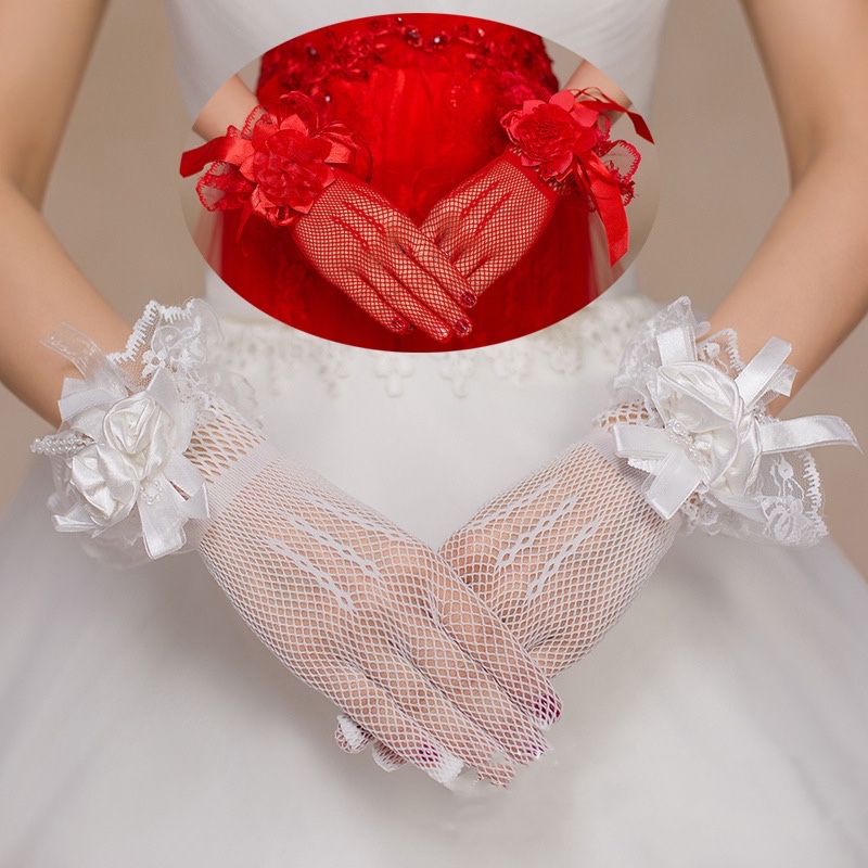 Bride Gown Gloves, Short Red Lace, White Holloff Gloves