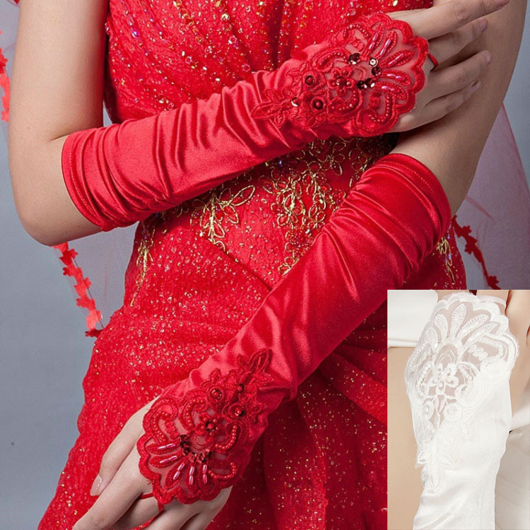 Bride Gloves, White Fingerless Lace Diamond Ornaments, Long Red Wedding Dress Gloves Wholesale