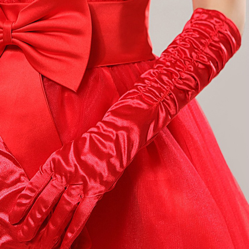 Bride Dress Gown Gloves, Red Stretch Satin Lengthened Five Fingers