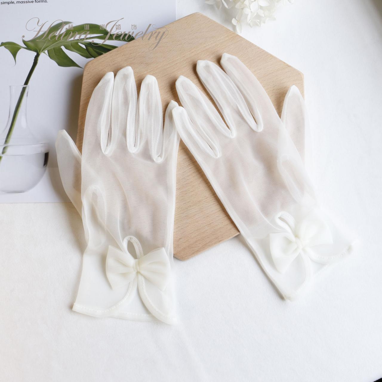 White Bride Gloves, Gauze Wedding Gloves, Hollowedout Long And Short