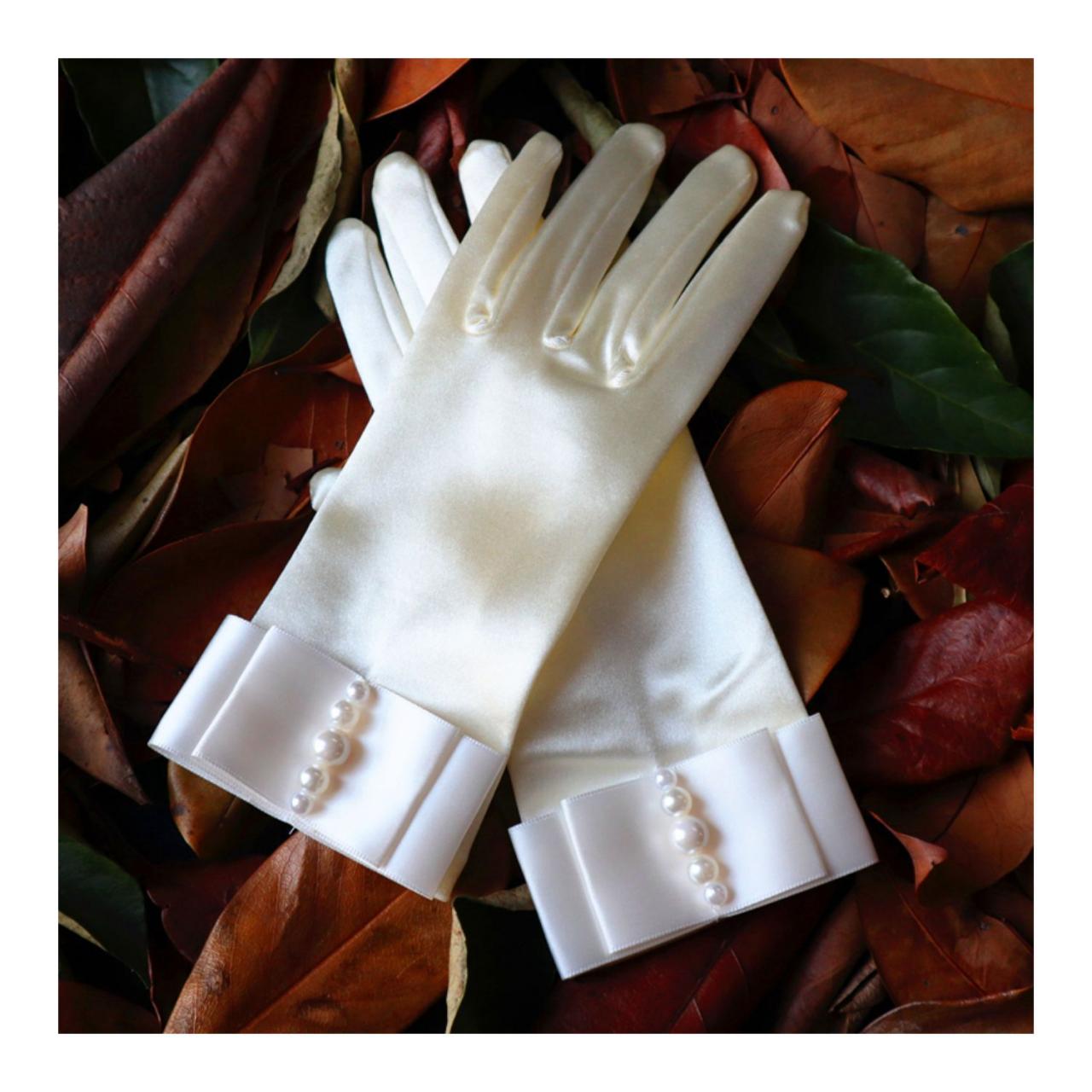 Creamy White Short Pearl Studio Photo Bride Wedding Wedding Gauze Gloves Vintage Satin Performance Gloves