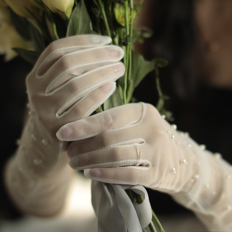 Summer Bridal Tulle Golves, Pearl Medium Length Wedding Dress Gloves