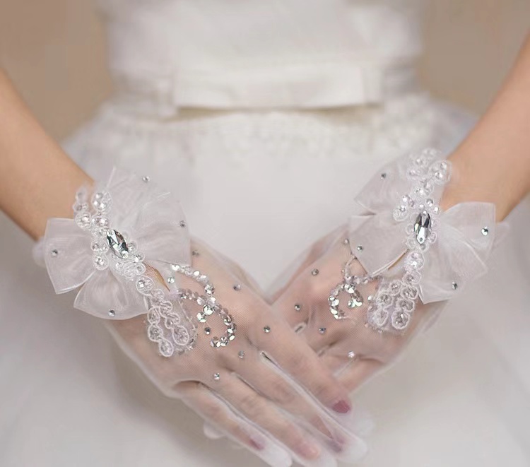 Bride Wedding Dress Evening Gloves, Lace Sequins Short Gloves