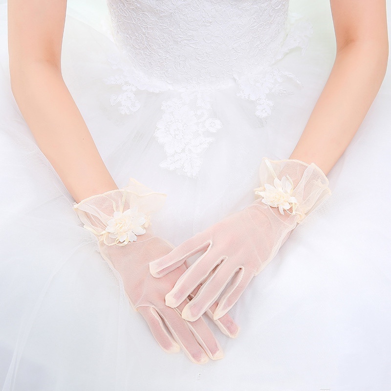 Bride's Wedding Lace Flower Gloves, Champagne Color Net Gauze Short Style, Marriage Sun Protection Gloves, Simple