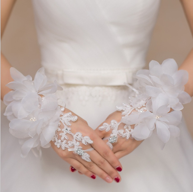 Bridal Wedding Dress Accessories Gloves, Beautiful Short Hook Finger Lace Flower Red Gloves