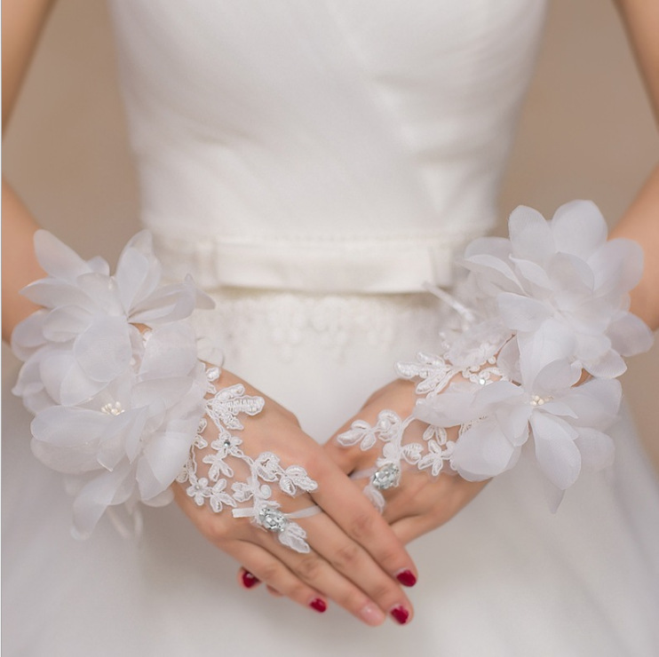 Bridal Wedding Dress Accessories Gloves, Beautiful Short Hook Finger Lace Flower Red Gloves