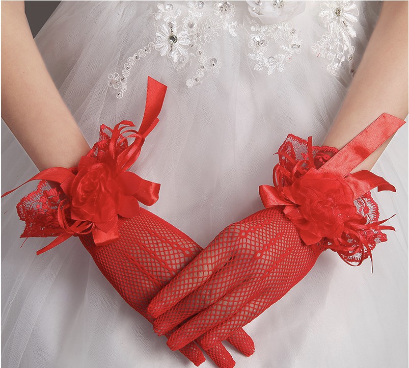 Bridal Gauze Gloves, Short Lace Bridal Dress Accessories, Summer Knit Mesh Gloves